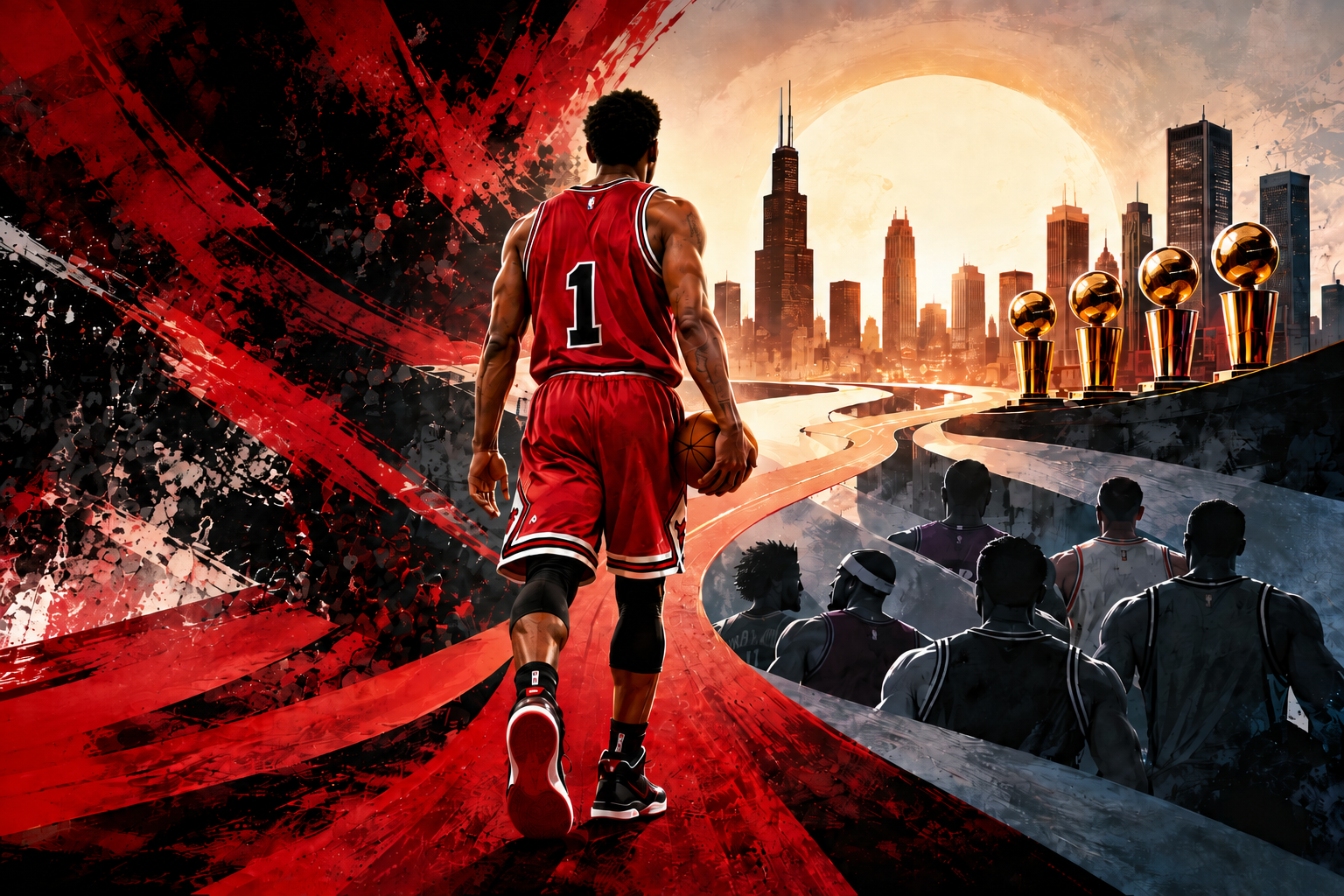 A red number 1 basketball player seen from behind walking toward a Chicago skyline and four championship trophies.